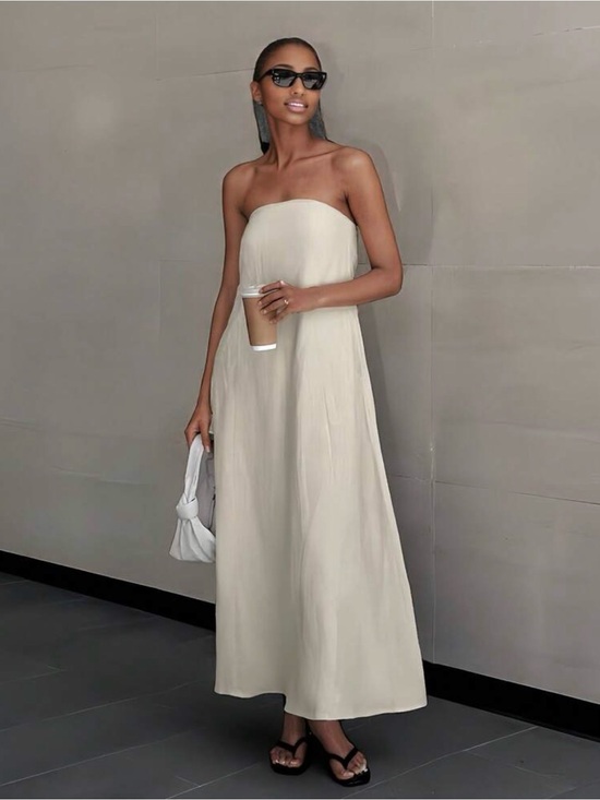 Dresses & Skirts - NEW Beige Linen Strapless Maxi Dress